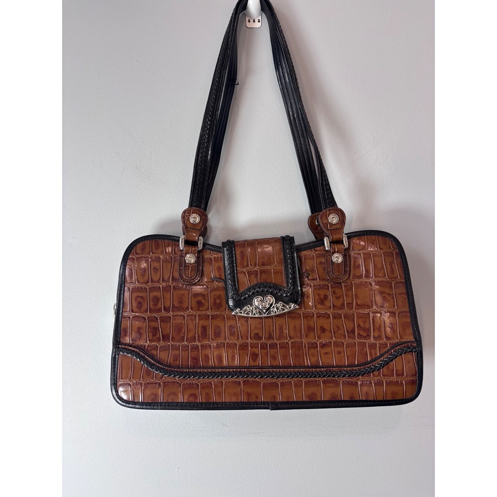 M.C. Brown Crocodile Embossed Leather Shoulder‎ Bag Tote Purse Silver Heart